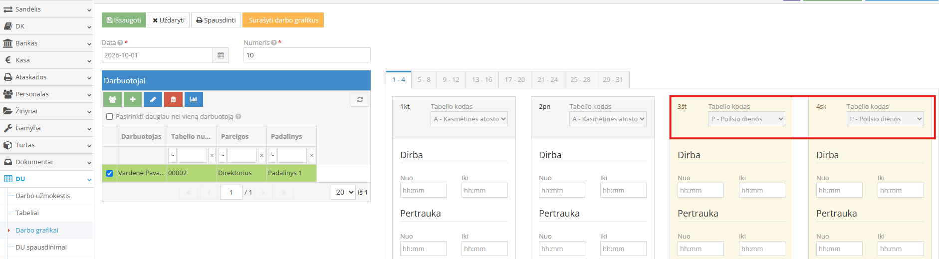 Darbo grafiko dienos su tabelio kodais langas
